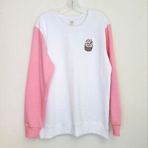 Pusheen sushi cat colorblock crew neck pink and white sweatshirt